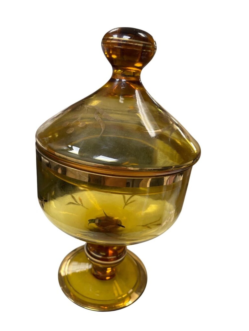 Romanian Vintage amber glass gold leaf pedestal candy dish SKU 140-814
